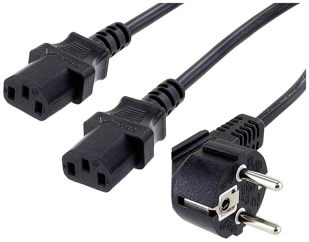 Two black network cables with C13 connectors and a Schuko plug. Suitable for computers or similar devices.