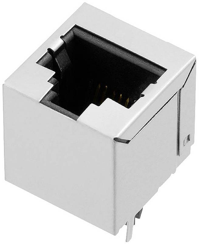 Network socket for Ethernet cable, RJ-45 type, in a square metal casing, side contact pins visible.
