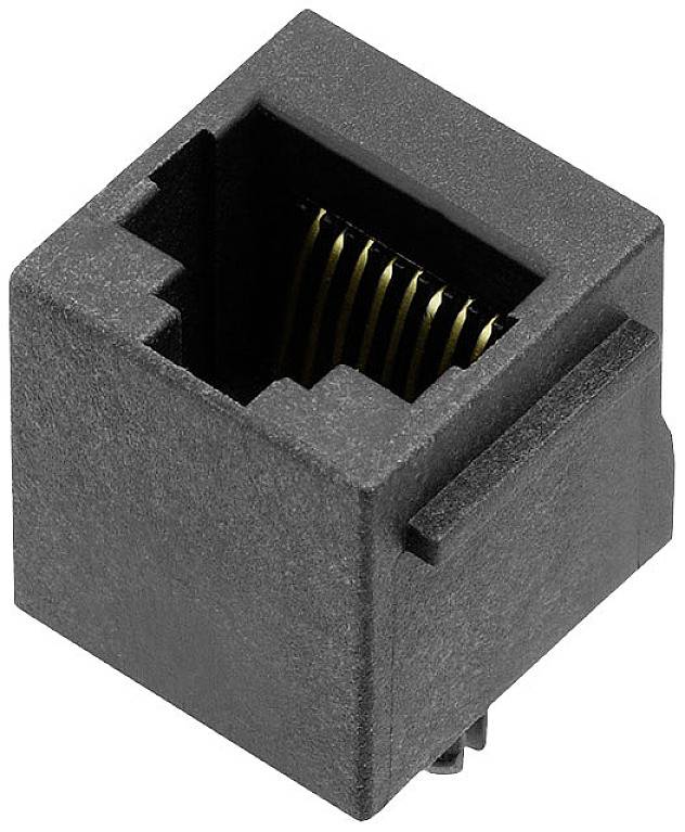 A black plastic RJ-45 network socket with eight metal contacts embedded in a rectangular housing.