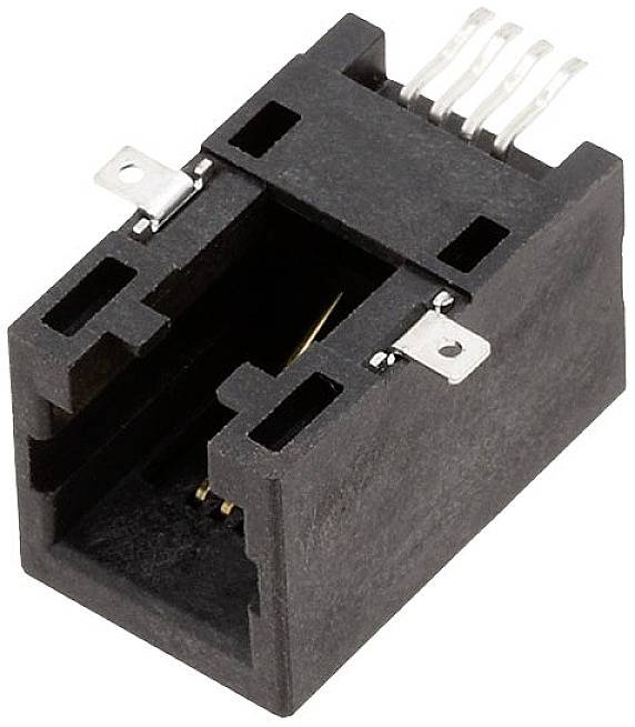Black, rectangular socket connector with four metal pins at the top, used for electrical connection in electronic devices.