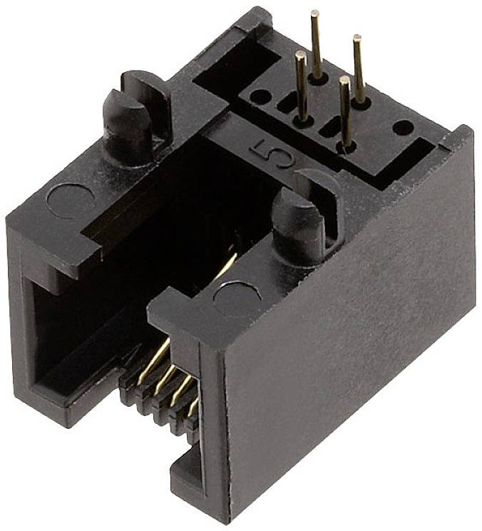 Black Ethernet socket with four metal pins on top and eight connection points inside. It is used for connecting network cables.