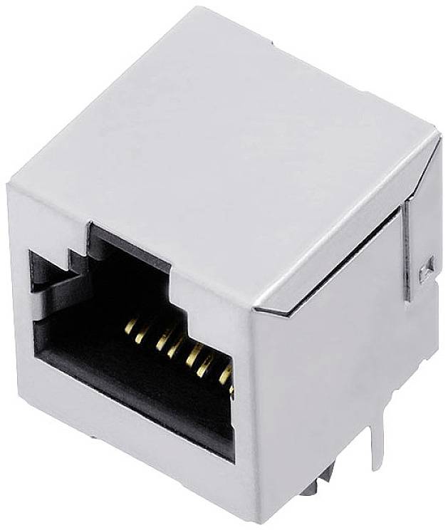 Ethernet socket, rectangular, silver, with visible metal contacts, for network connections.