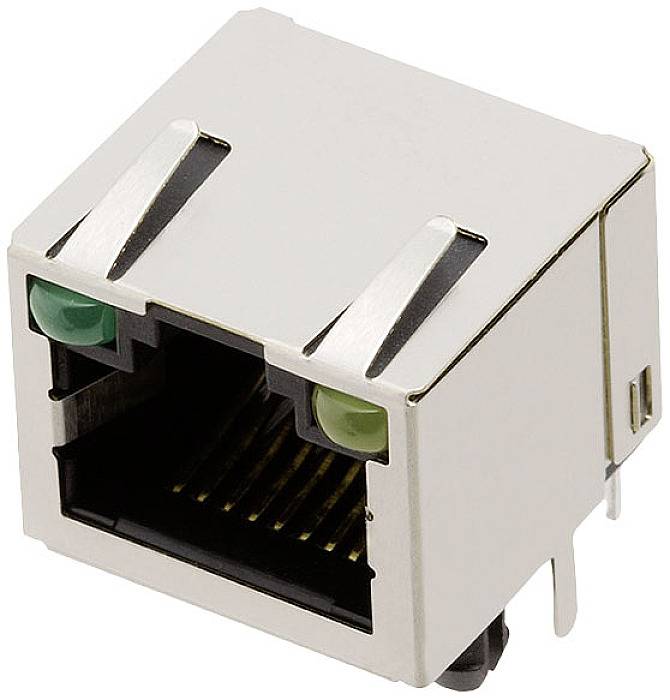 Silver Ethernet port with two LED indicators for network connections.