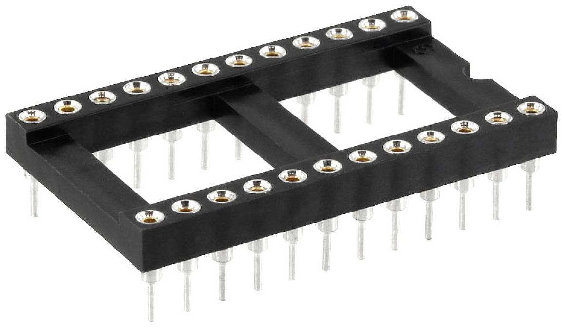 Black plastic 28-pin IC socket, designed for mounting integrated circuits on printed circuit boards.