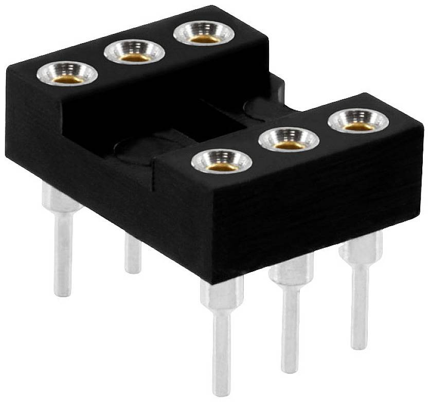 A black, rectangular base with six round recesses and six metal pins underneath, possibly an electronic component.