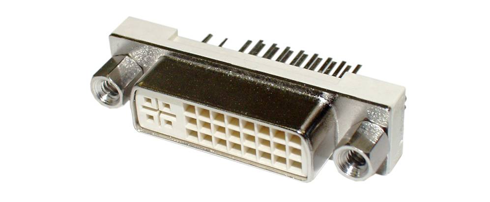 A DVI plug with multiple pins and two screw connections for secure fastening. The plug is used for transmitting video signals.