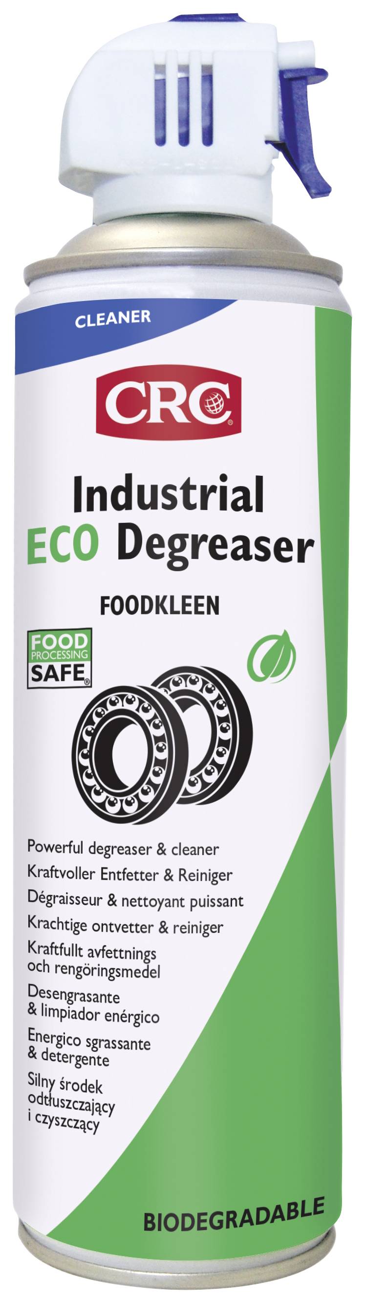 Spray can labelled 'Industrial ECO Degreaser', 'Food Safe' and 'Biodegradable'. Contains powerful degreaser for industrial purposes.