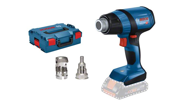 Bosch cordless hot air blower with two nozzle attachments and a carry case. Tool for versatile applications in craft and DIY.