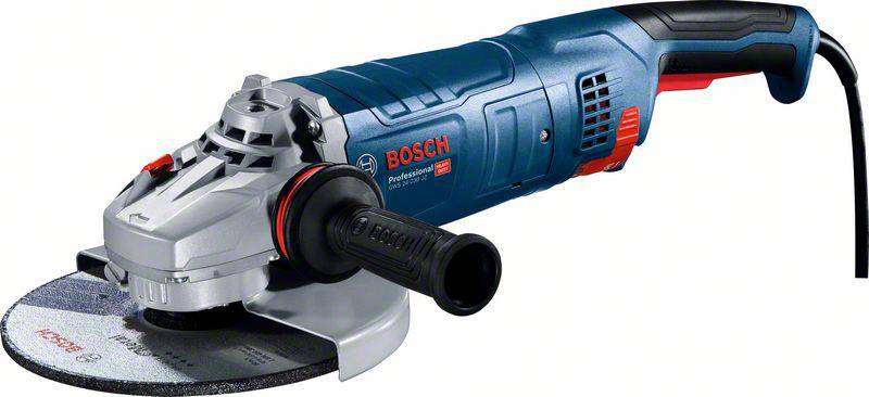 A blue and silver electric angle grinder by Bosch. It has a black handle and is corded.
