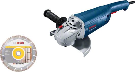 A blue angle grinder with a circular cutting disc beside it. The machine has a side handle and is made by Bosch.