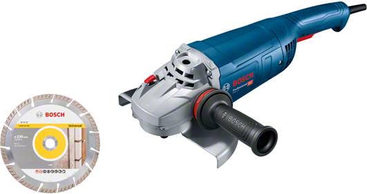 A blue Bosch angle grinder with a side handle. Beside it, a round disc suitable for cutting work.