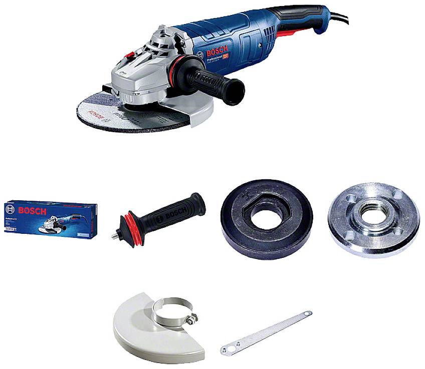 A blue Bosch angle grinder with an additional handle, grinding disc, and label. Accessories include a replacement disc, protective cover, and tool for changing discs.