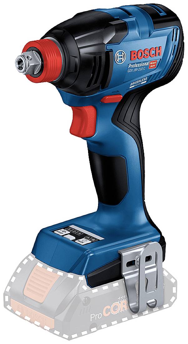 Bosch cordless drill driver, model GDX 18V-210 C, in blue and black with red and silver detail, without battery inserted.