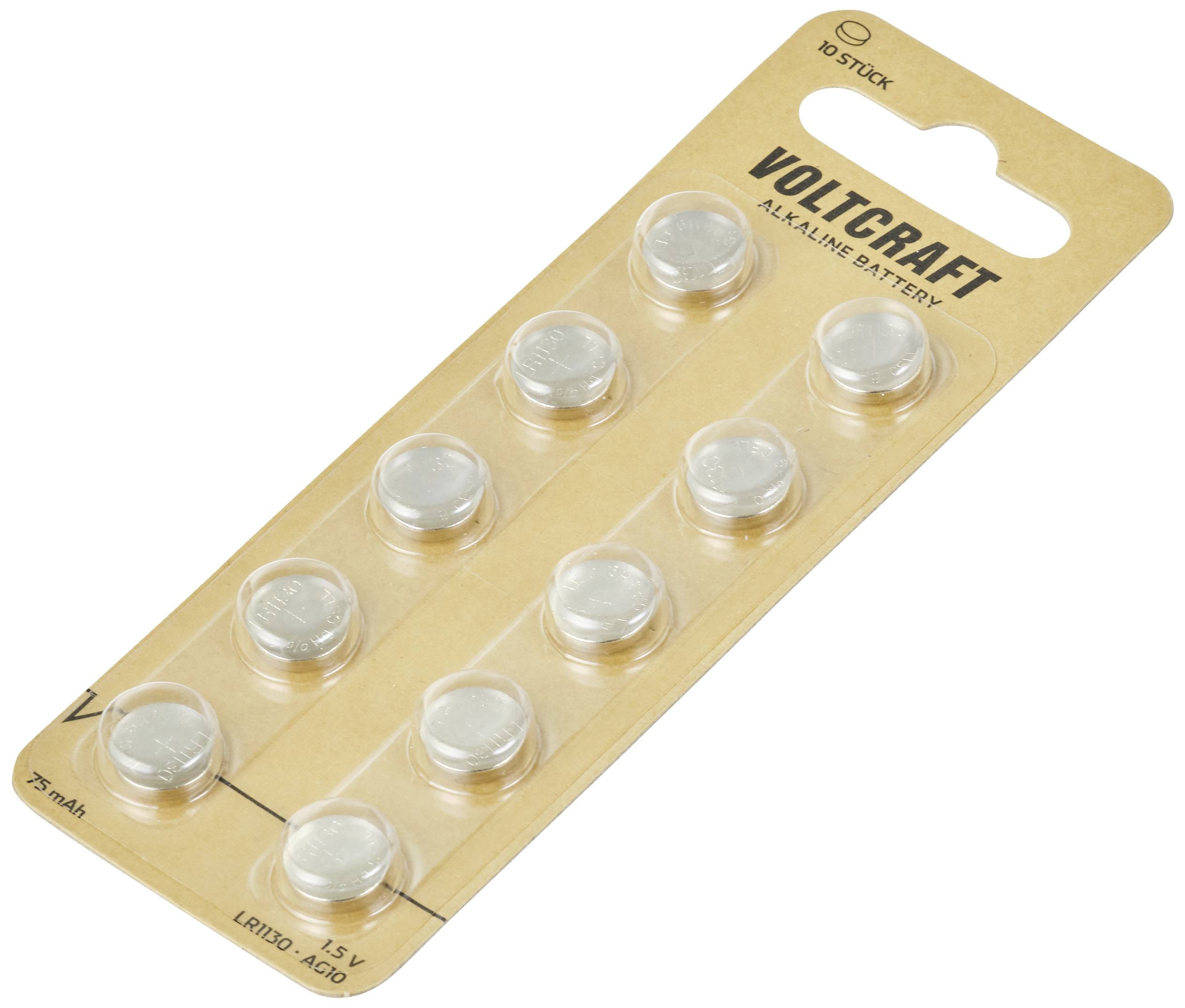 Pack of 10 Voltcraft Alkaline Button Cell Batteries, 1.5V, Model LR1130-AG10, suitable for small electronic devices.