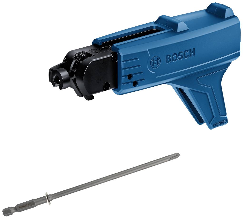 Blue Bosch impact driver attachment with a black head, alongside a silver bit.