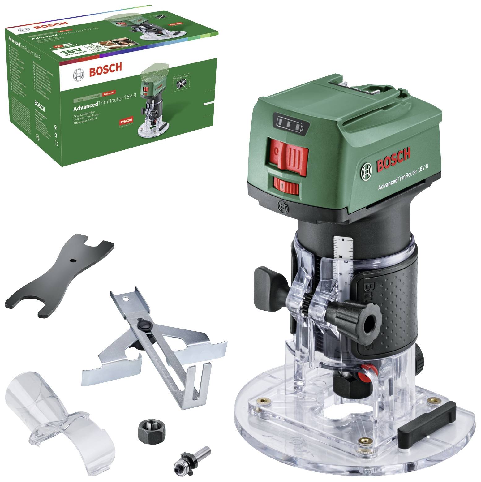 The image shows a green Bosch AdvancedRouter 18 V wood router with accessories and its accompanying packaging.