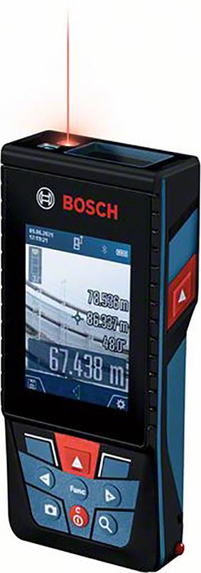 Handy Bosch laser distance measurer displays measurements on screen. Ideal for precise distance measurements in construction.