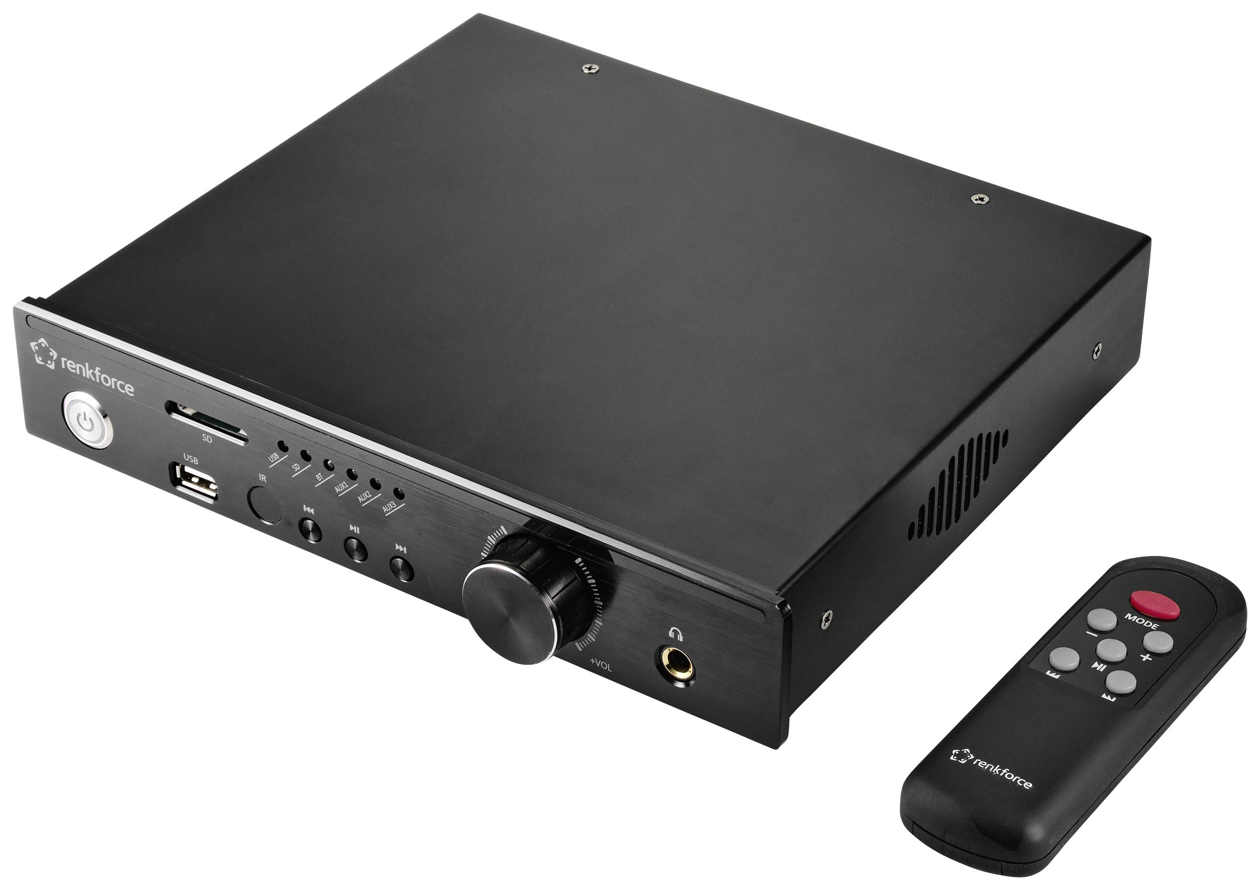 A black audio processor with a rotary dial, connection sockets and remote control. Brand names and connections visible at the front.
