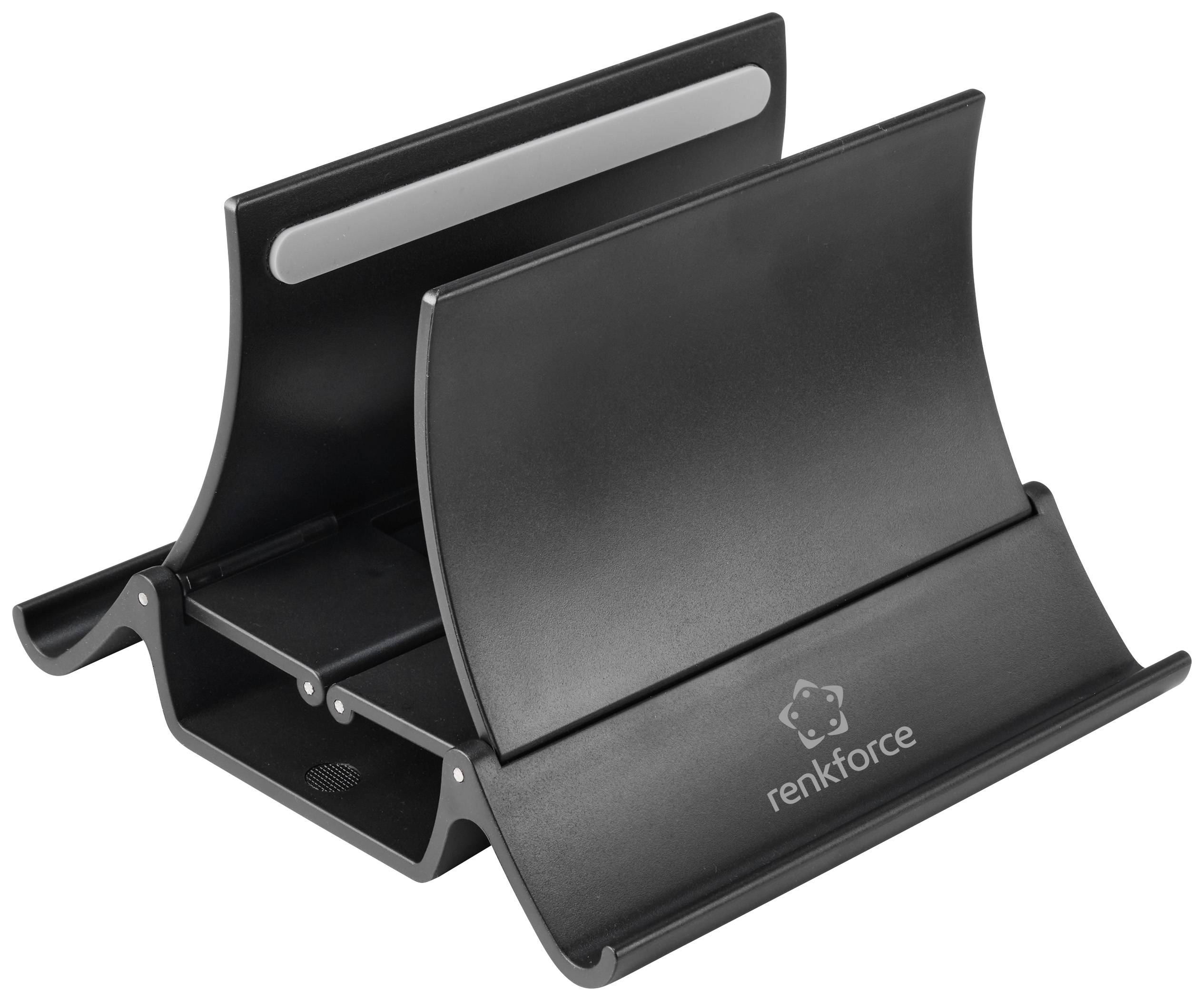 Black Renkforce tablet stand, curved design with holder, suitable for positioning a tablet at various angles.
