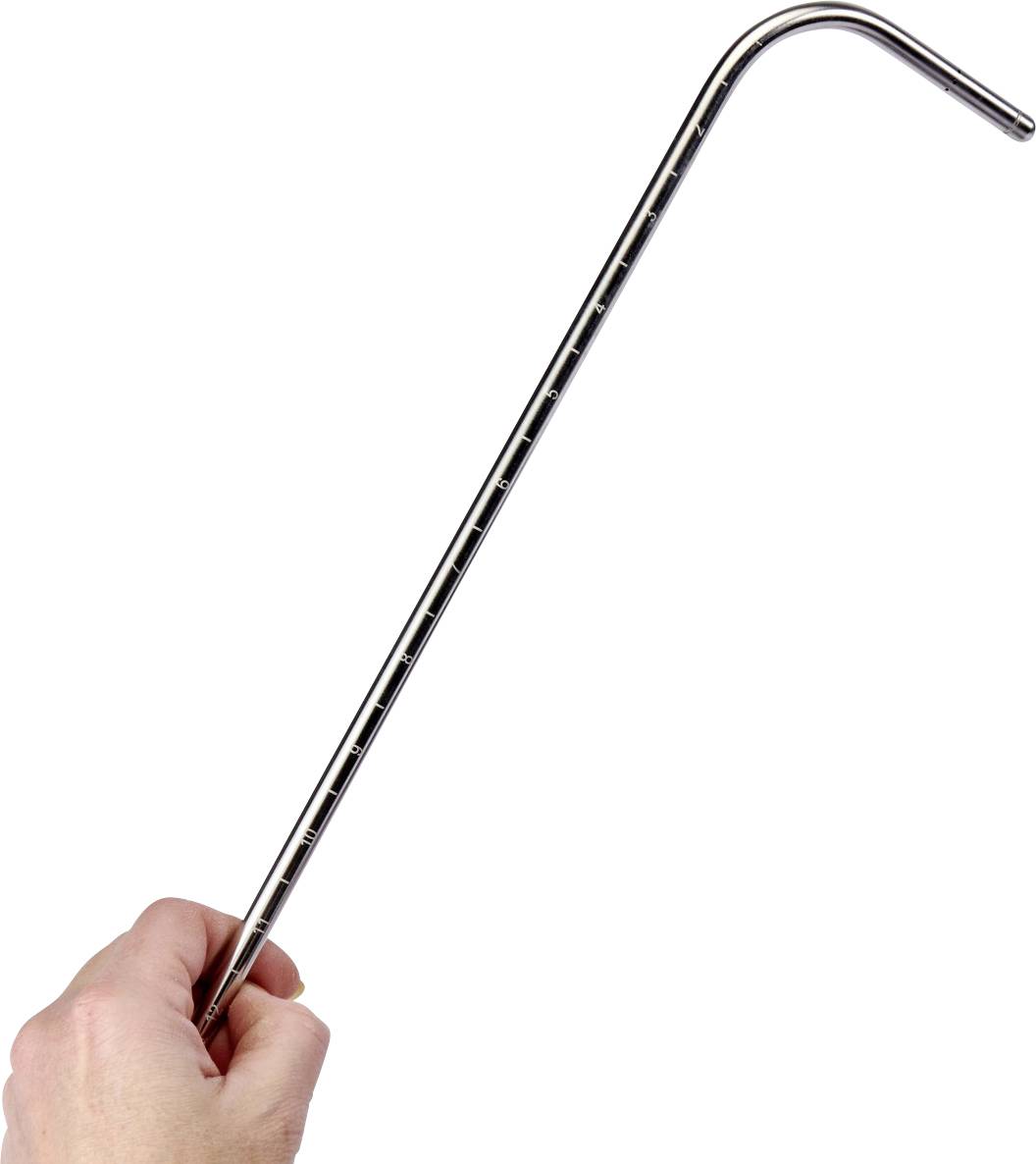 A hand is holding a metal draw-off ladder used for draining liquids. It has an L-shape with multiple holes.