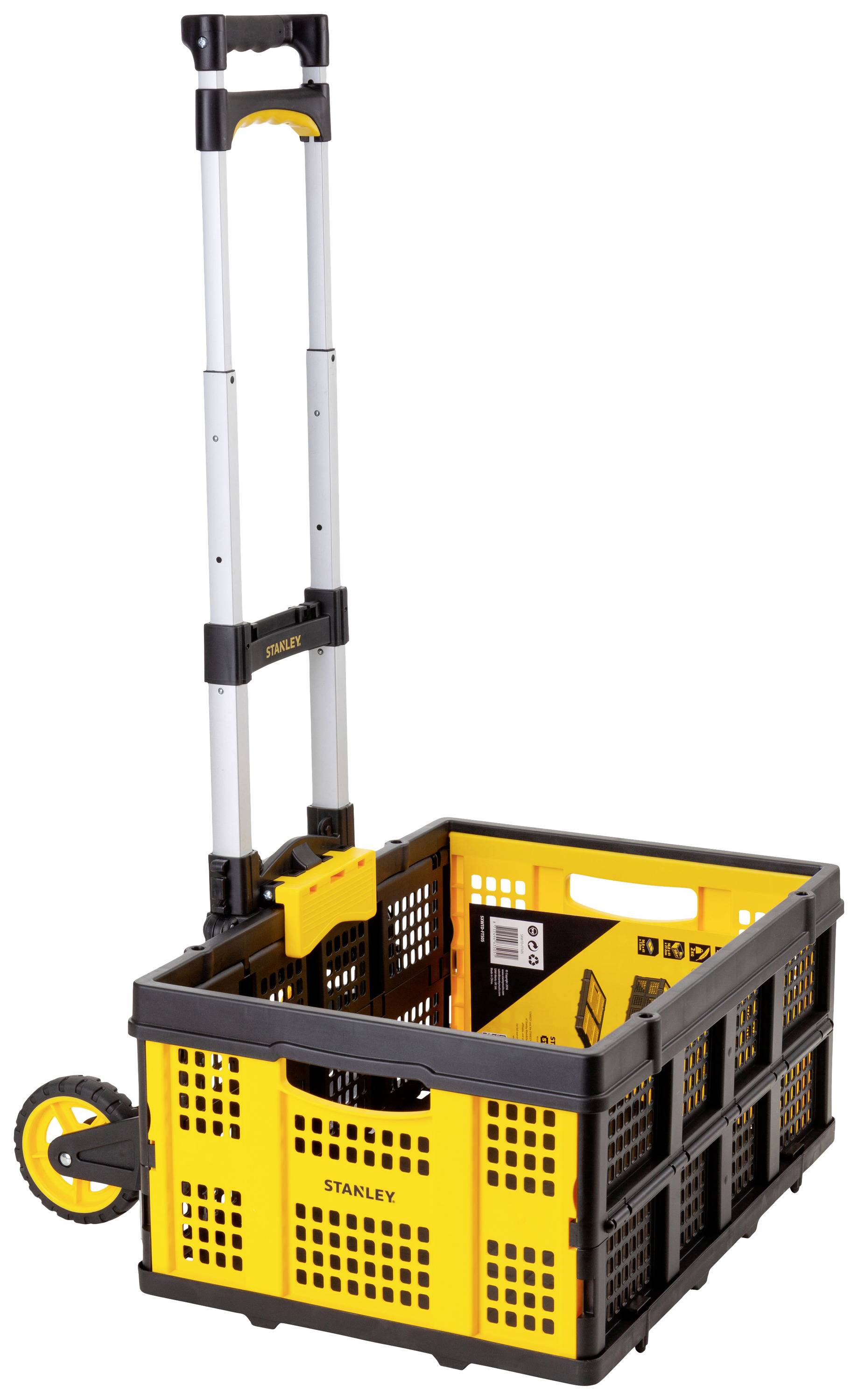 Collapsible yellow and black transport trolley with extendable handle and wheels, suitable for easy transportation of tools.