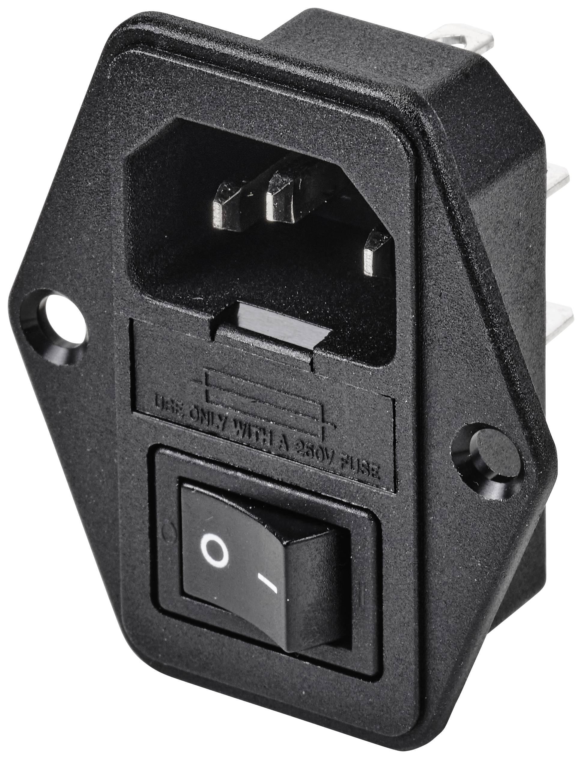 A black power switch with integrated mains plug, rocker switch and fuse holder, suitable for electrical accessories.