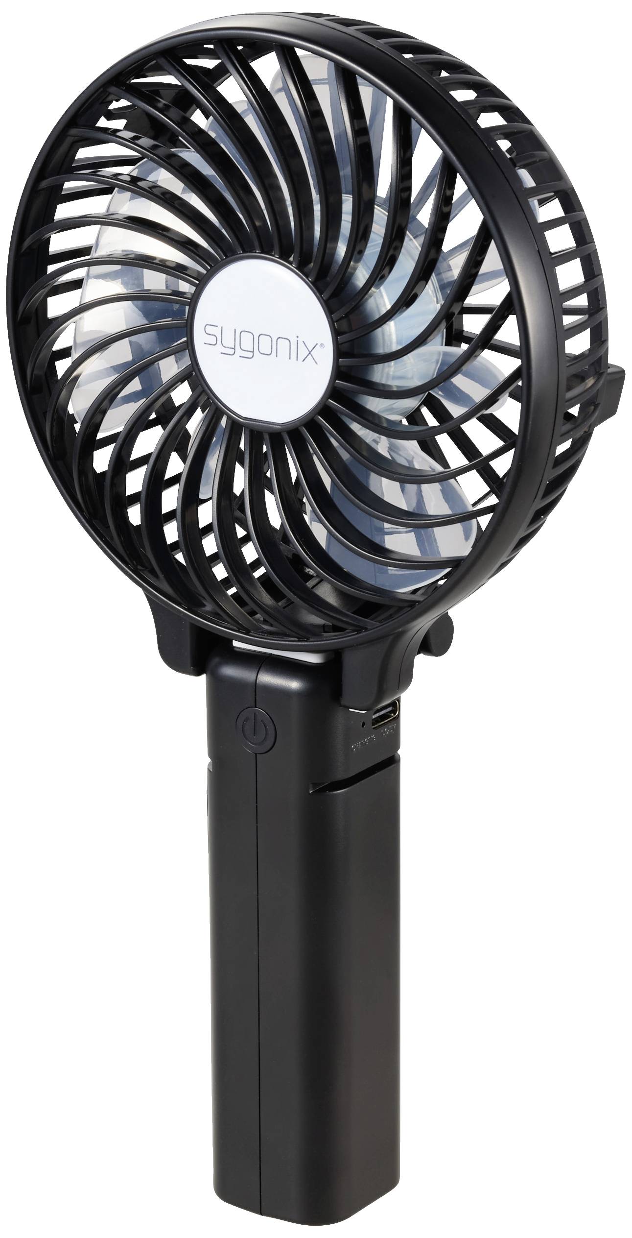 Portable, black plastic hand-held fan with a mesh design and round attachment, perfect for taking out on hot days.