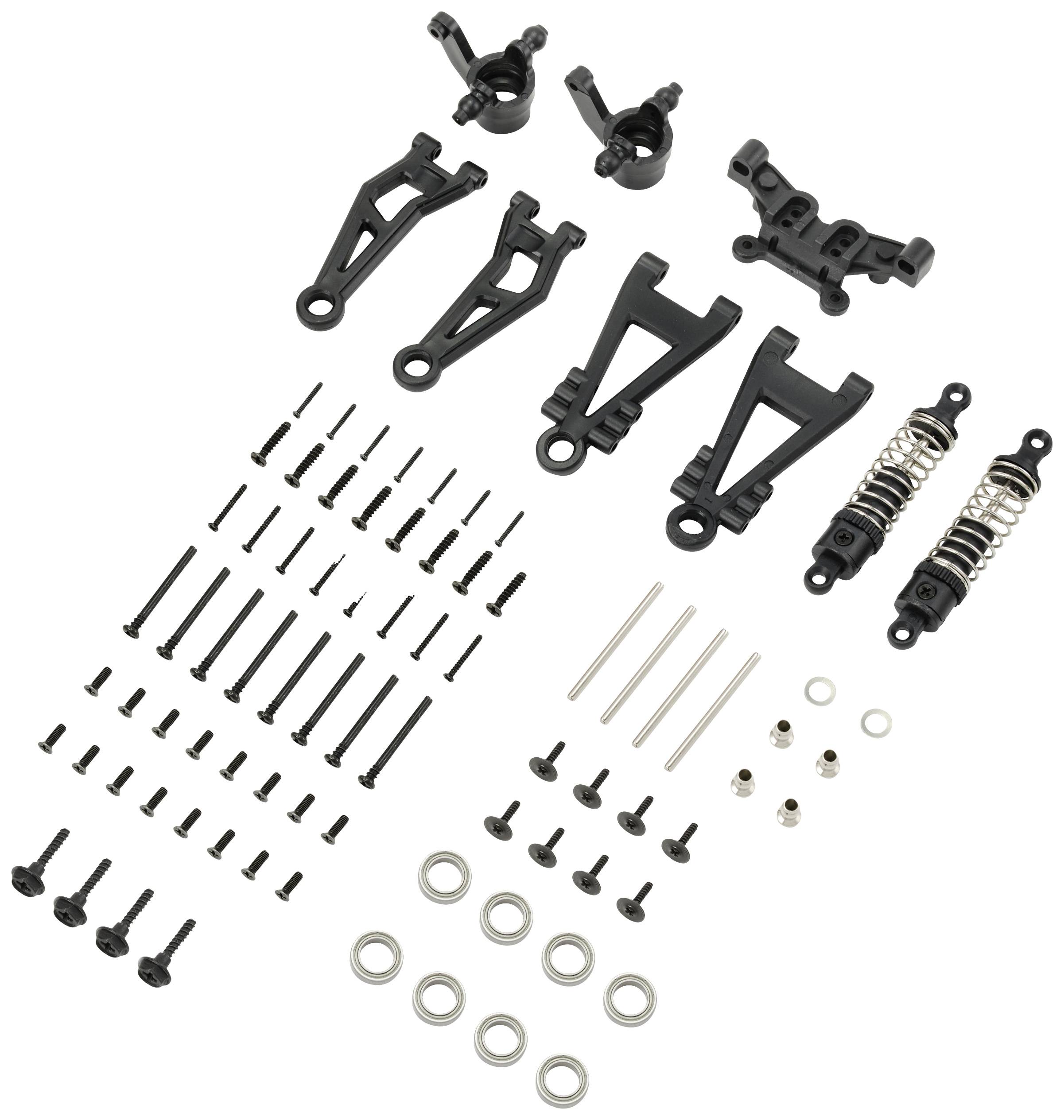 Chassis spare parts for RC car, including suspension struts, suspension arms and various screws and bearings, laid out flat.