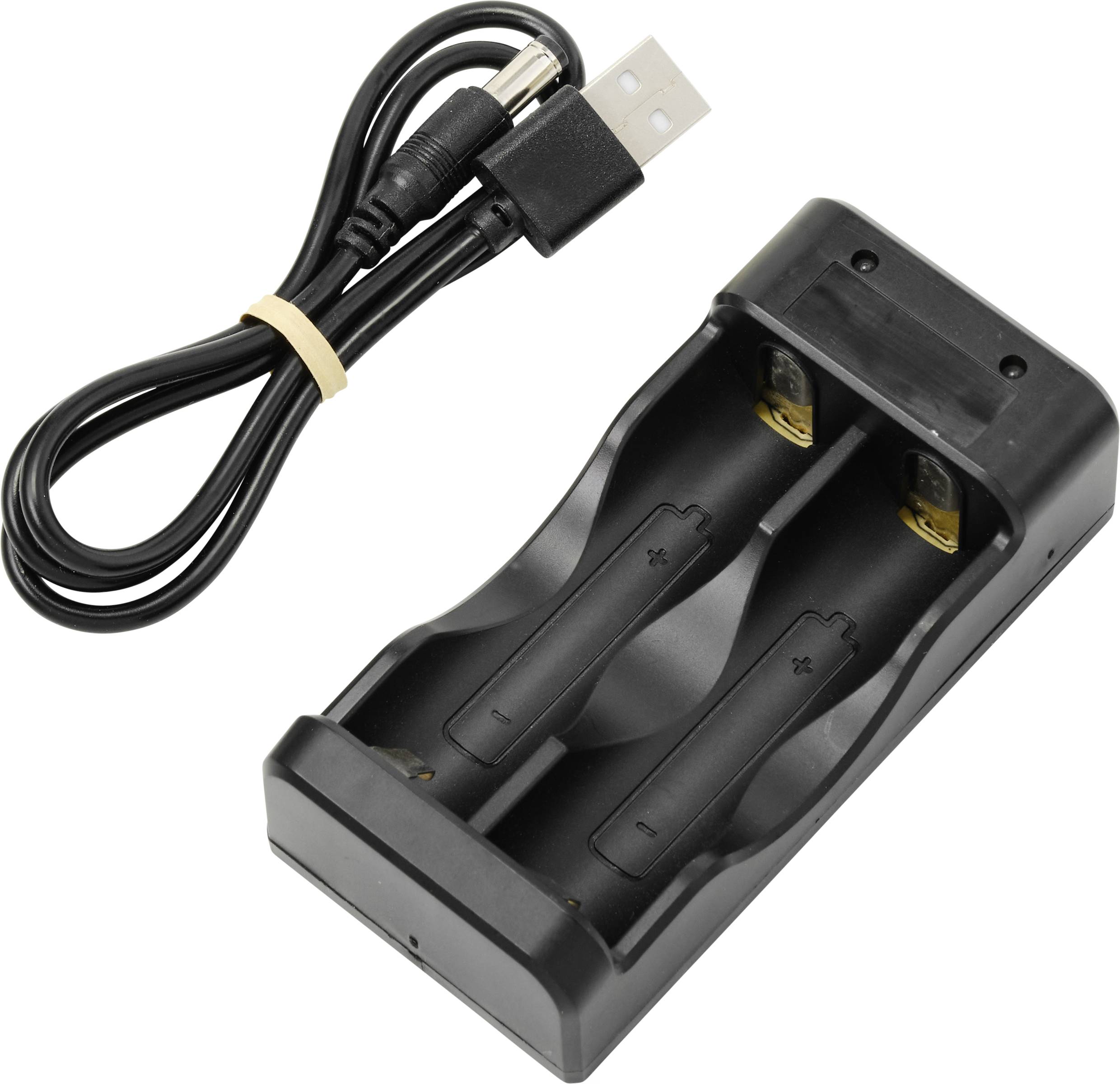USB charging cable and battery charger for two AA batteries. Charger in black with two vertical slots.