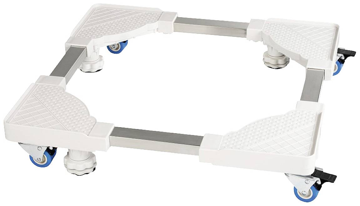 An adjustable, square trolley with four blue wheels and white edges, suitable for transporting heavy equipment.