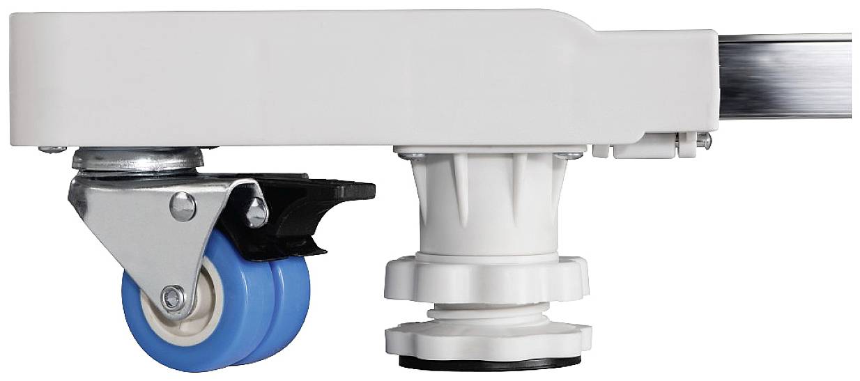 White furniture leg with a blue castor next to a white mounting foot, side view. Suitable for cabinets or shelving units.