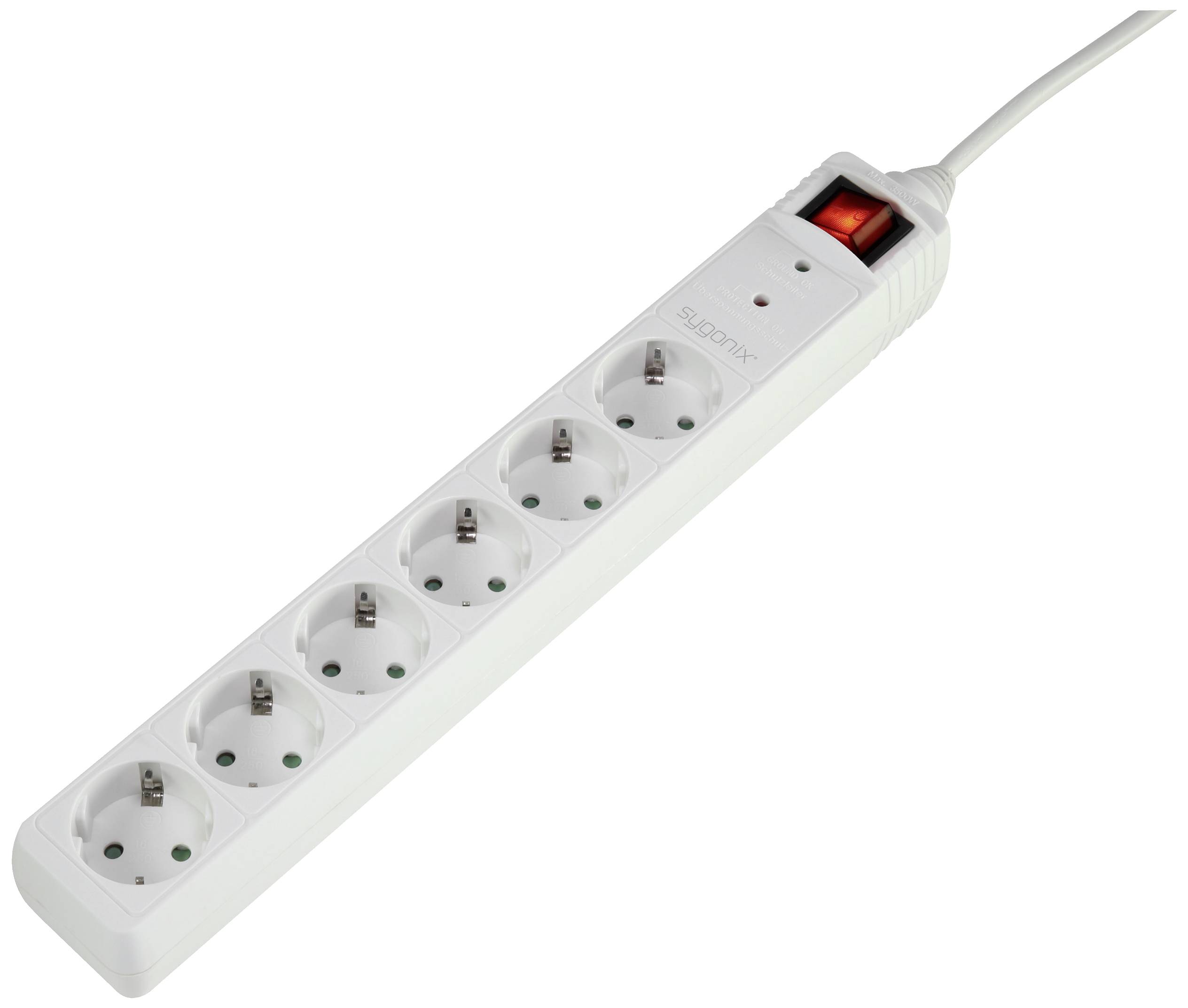 Six-way white power strip with on/off switch, suitable for multiple electrical devices, connected by a power cable.