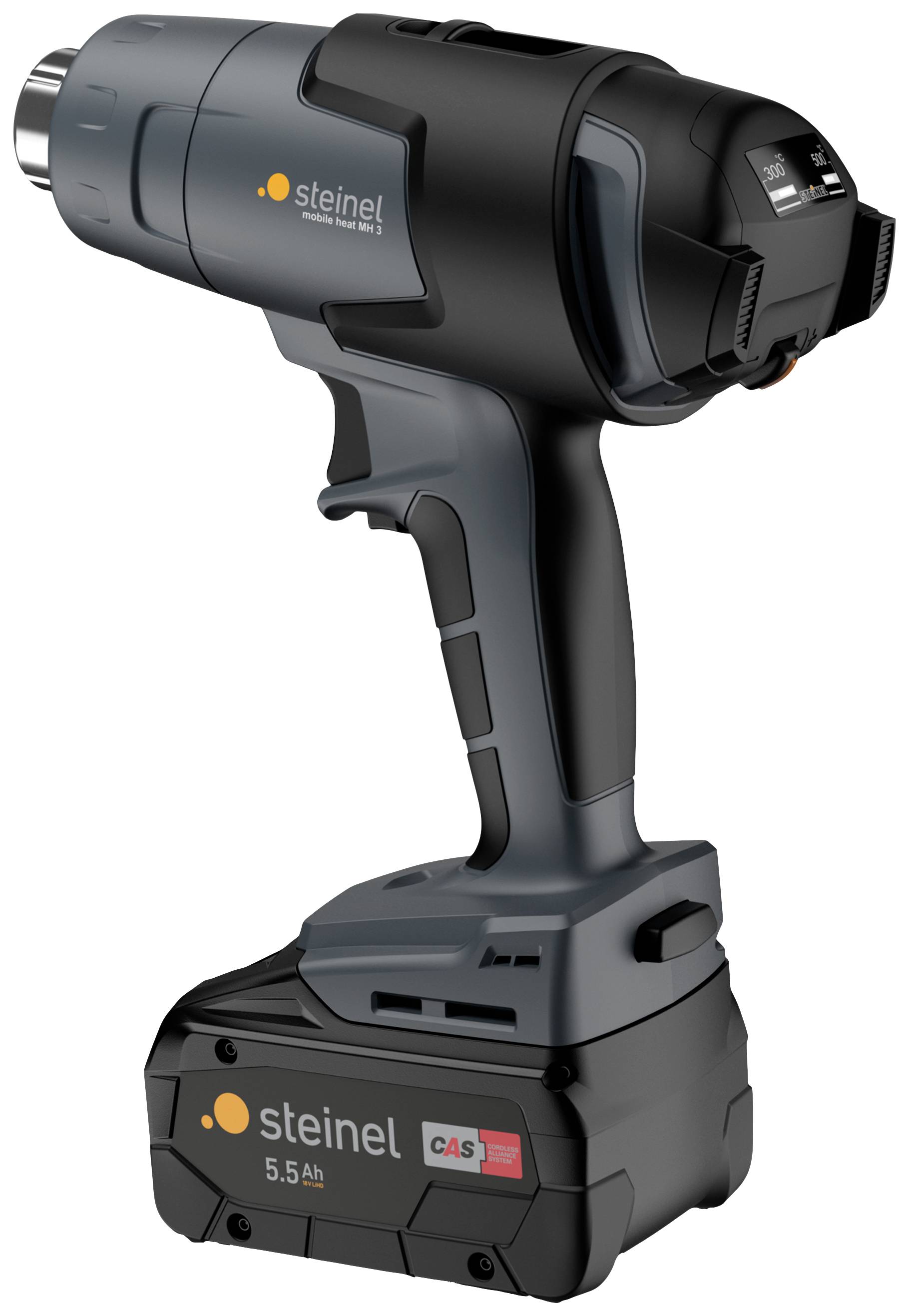 A cordless hot air blower by Steinel, grey-black, with 5.5 Ah battery. Suitable for DIY work and professional applications.