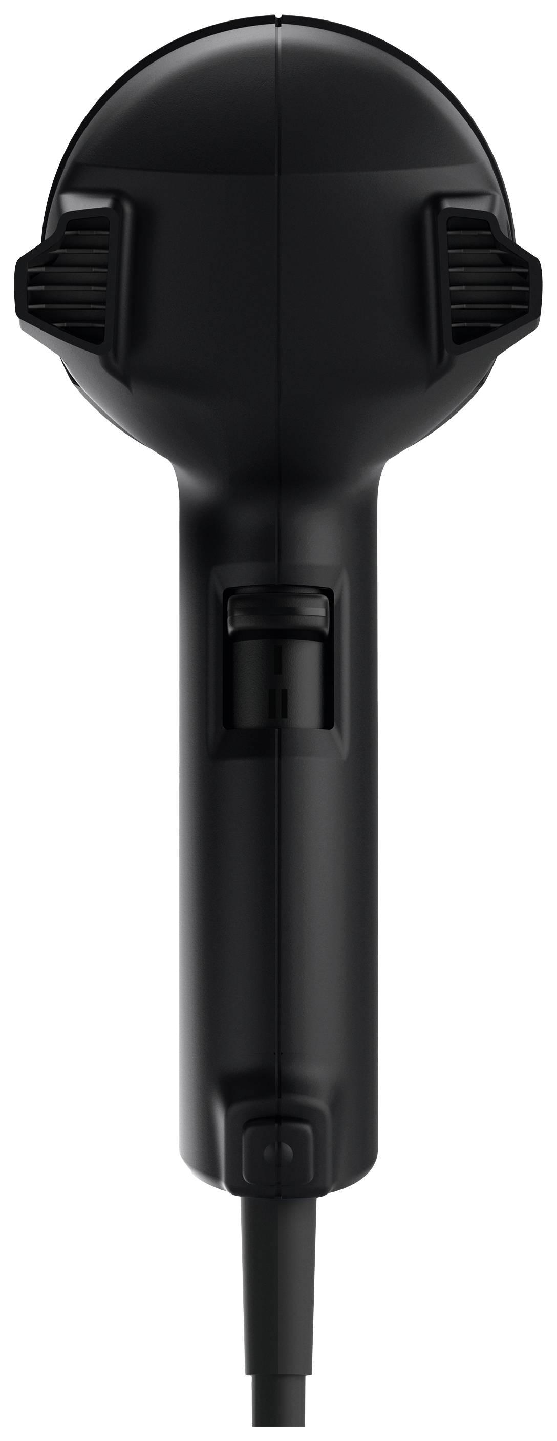 Black hair dryer viewed from behind, with power cord and ventilation grilles on the sides.