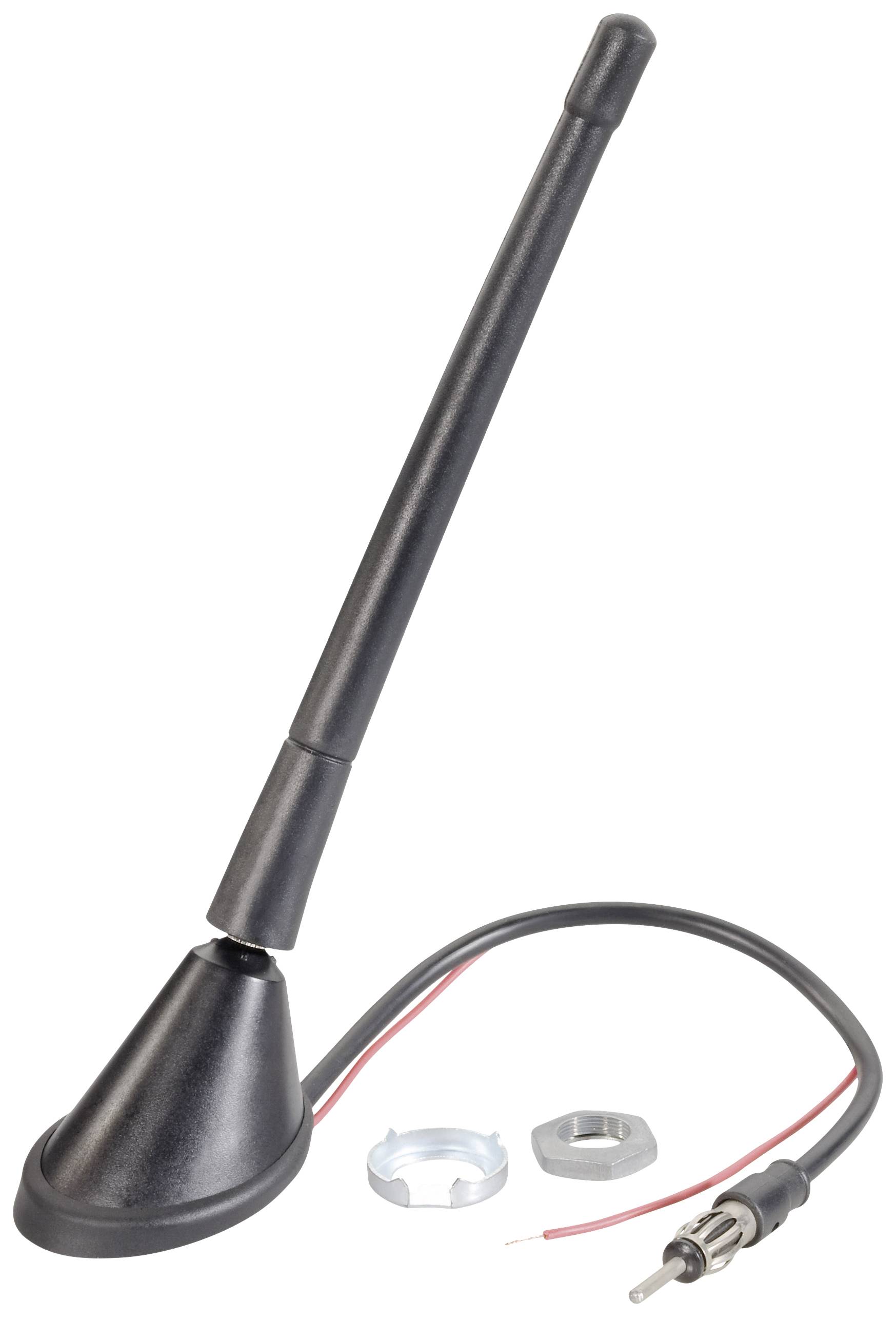 Black car antenna with cable and accessory parts such as screws and nuts, pictured against a white background.