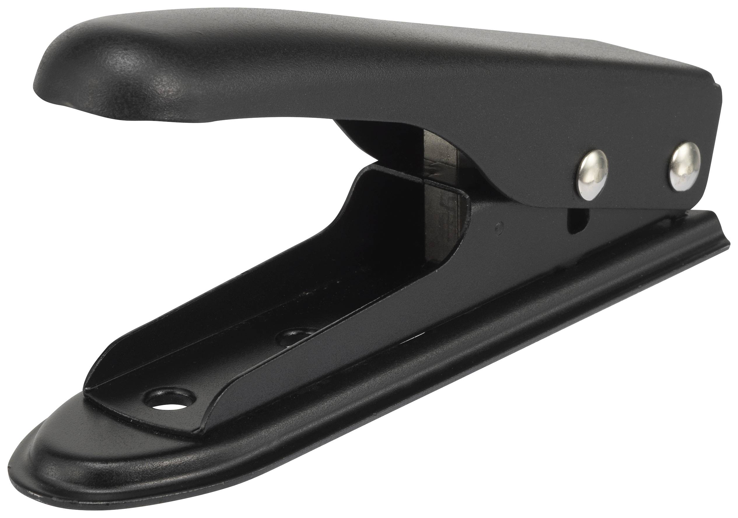 Black perforator, shown from the side, displaying lever and hole guide. Office supplies, used for punching holes in paper.