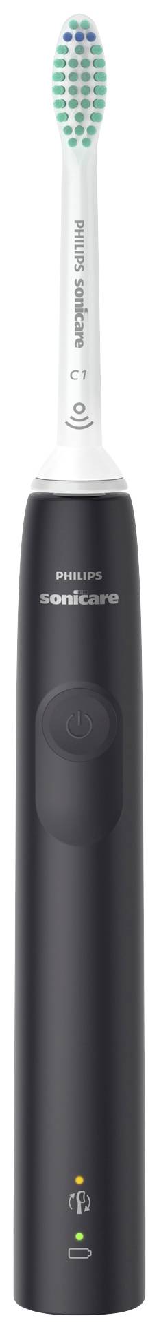 Electric toothbrush with a black handle and multi-coloured brush head; brand name visible on the handle.