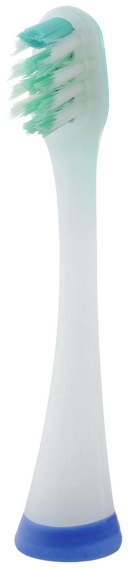 A replacement toothbrush head for an electric toothbrush with blue and white bristles, slightly transparent with a blue base.
