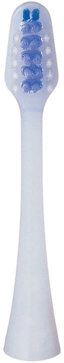 A toothbrush head with blue and white bristles, suitable for electric toothbrushes.