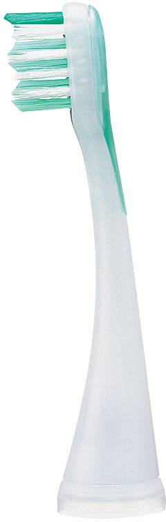 Electric toothbrush head with white bristles and green rubber insert shown from the side on the left.