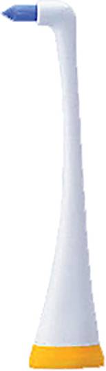 Nozzle for an oral irrigator, white with a blue tip and yellow base.