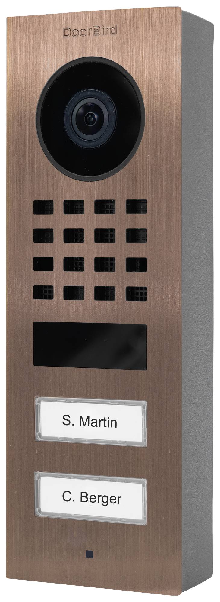 A copper-coloured video doorbell with a camera and two name plates: 'S. Martin' and 'C. Berger'.