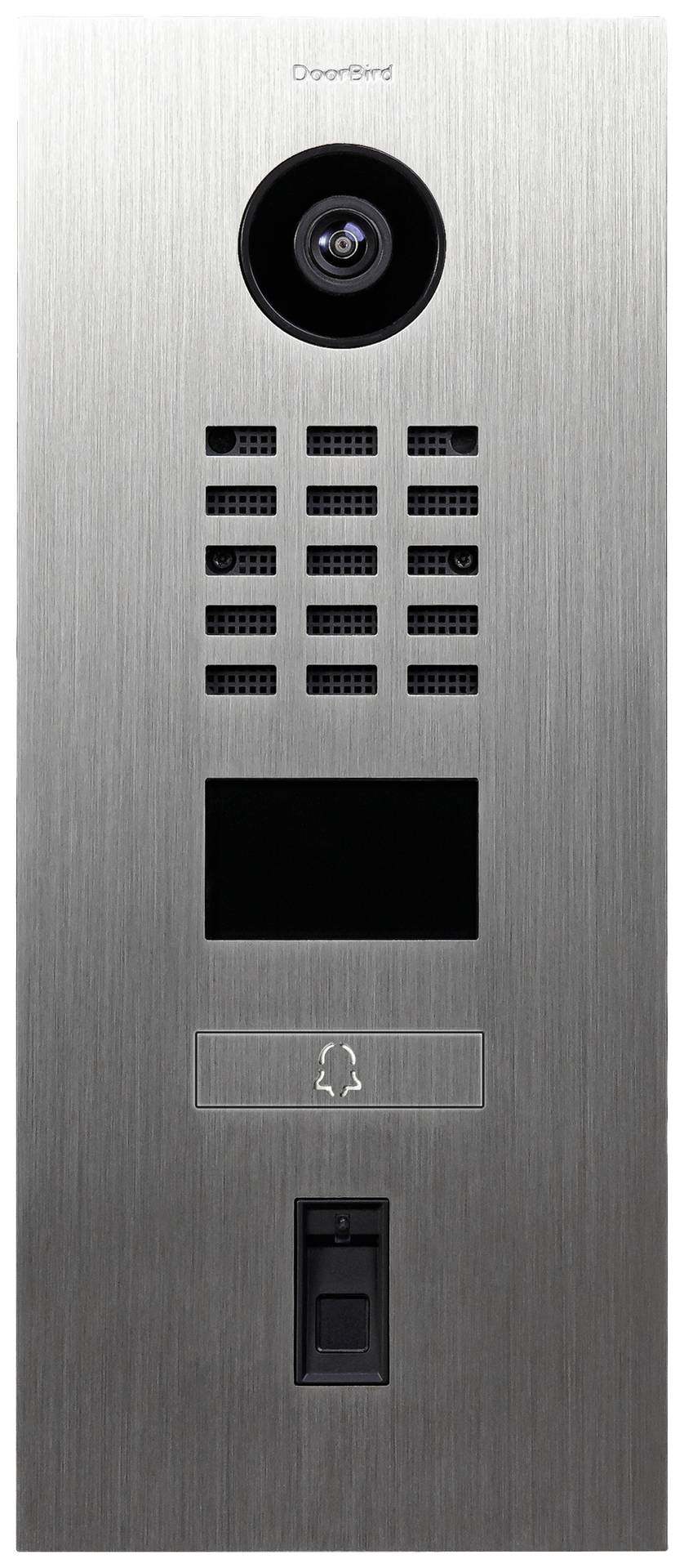 A silver intercom with camera and audio system in a modern, vertical design.