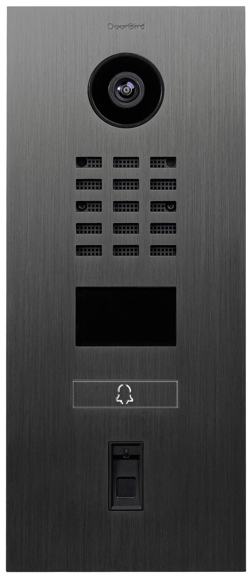 Video door entry system with camera, speaker grille, screen and doorbell button. Housing made of brushed metal.