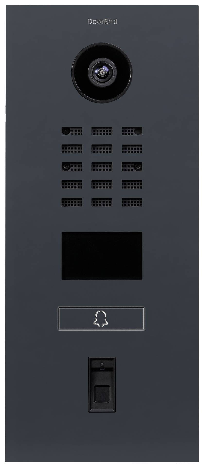 Black intercom with camera at the top, speaker grille in the middle, screen underneath, doorbell button and name plate at the bottom.