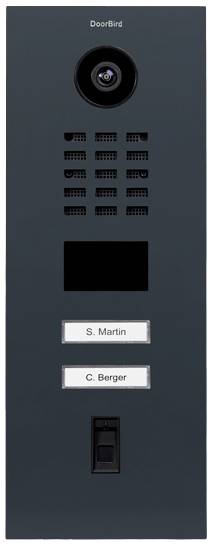 Two-line video doorbell by DoorBird, with camera at the top and nameplates 'S. Martin' and 'C. Berger' underneath.