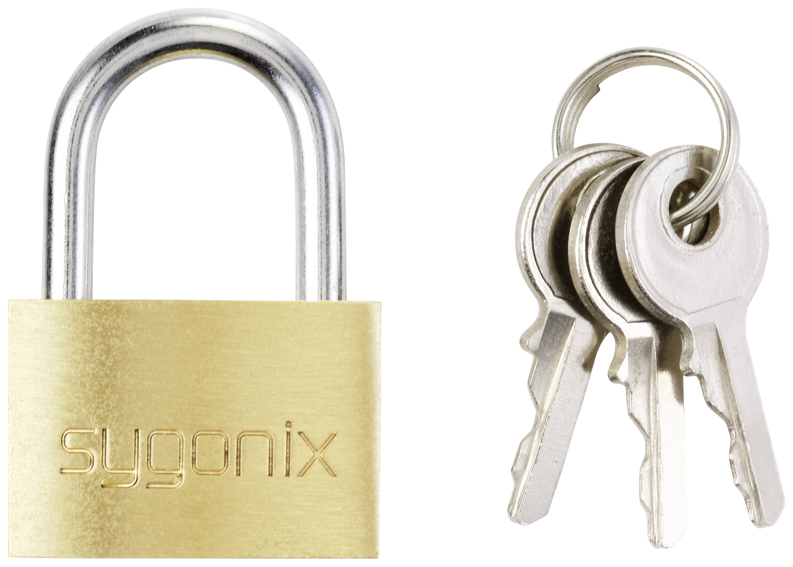 A padlock with the inscription 'sygonix' and three silver keys beside it.