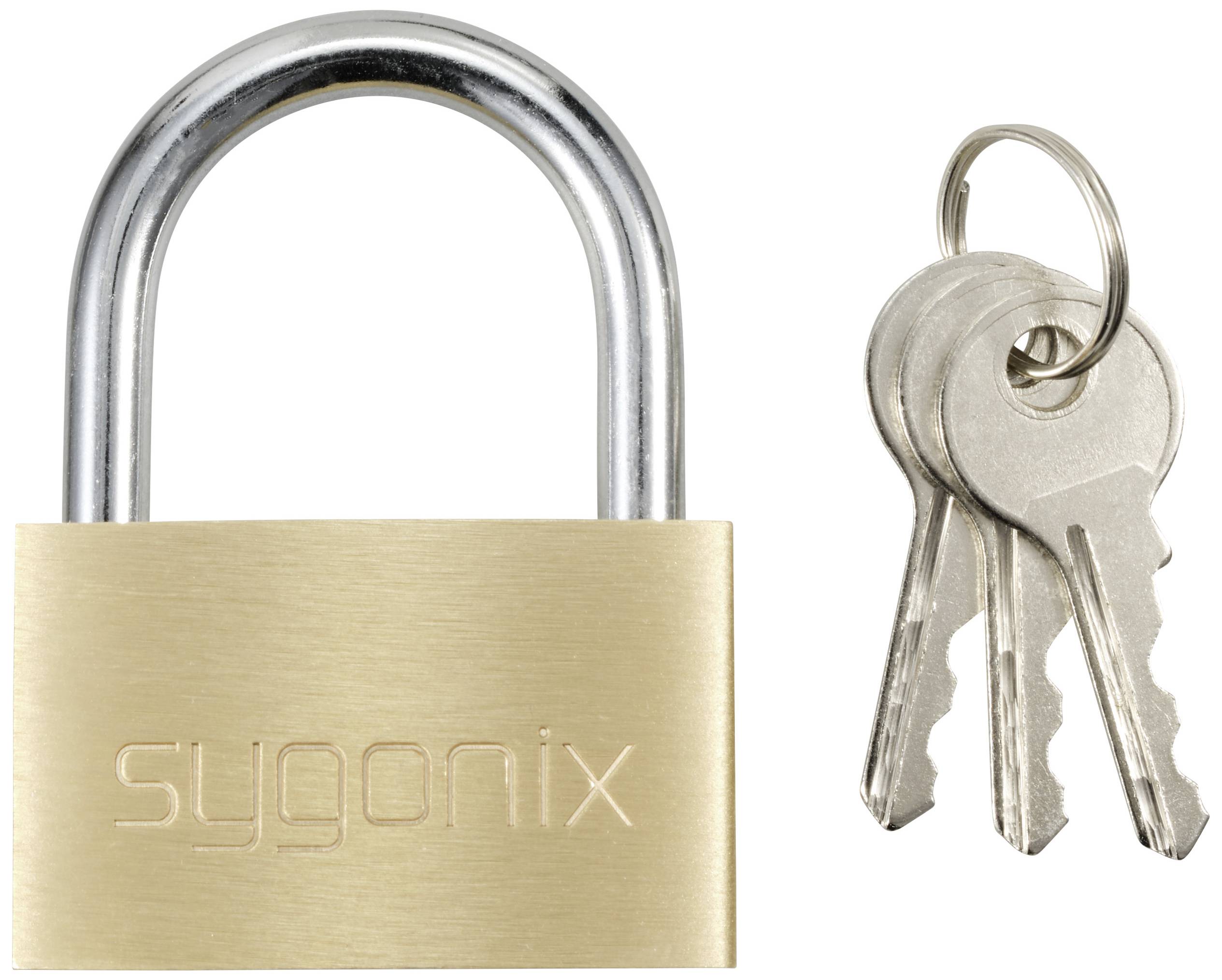 A brass padlock next to three keys on a keyring, symbolising security and protection.