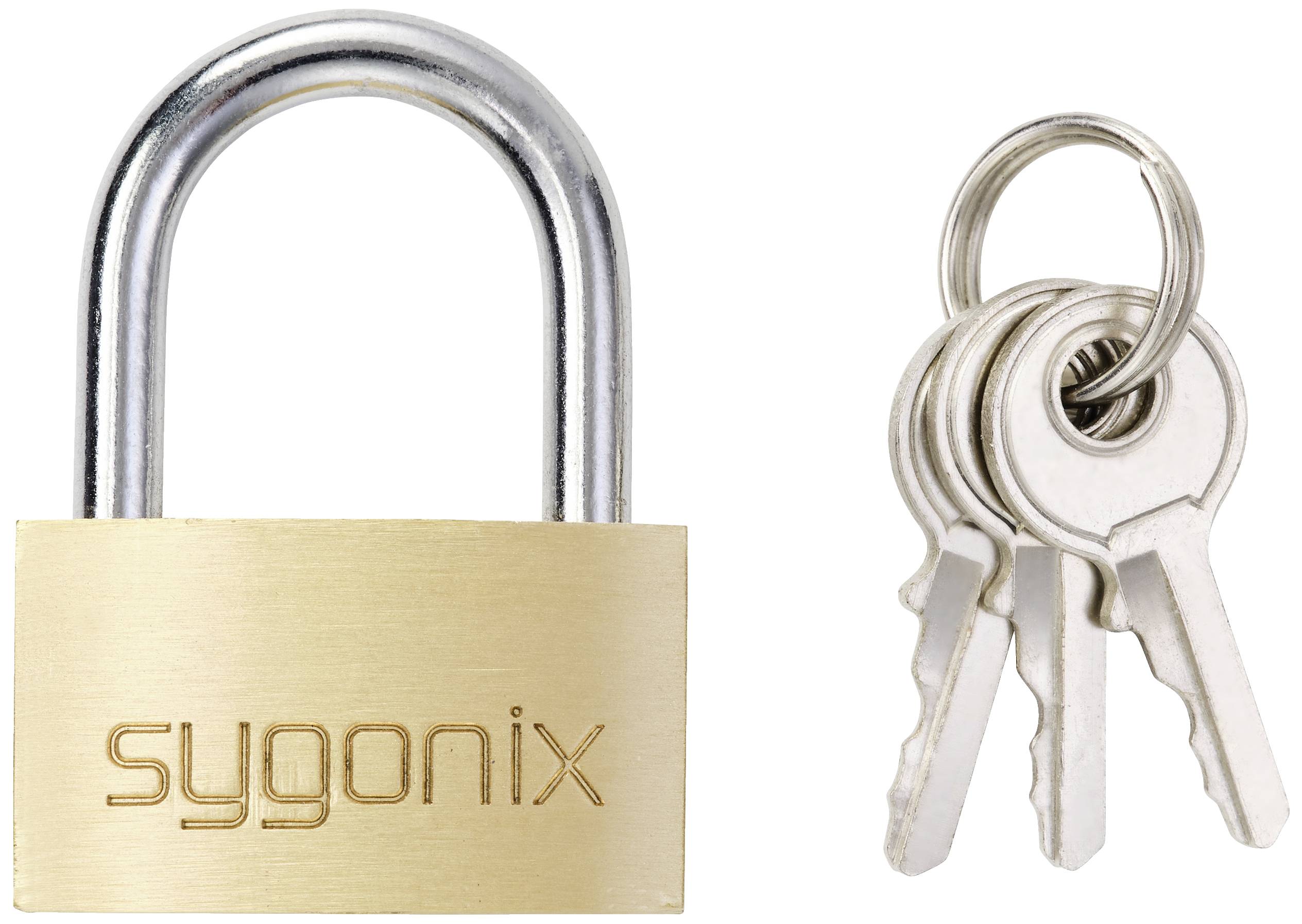 A brass padlock engraved with 'sygonix' and a set of three silver keys hanging from it.