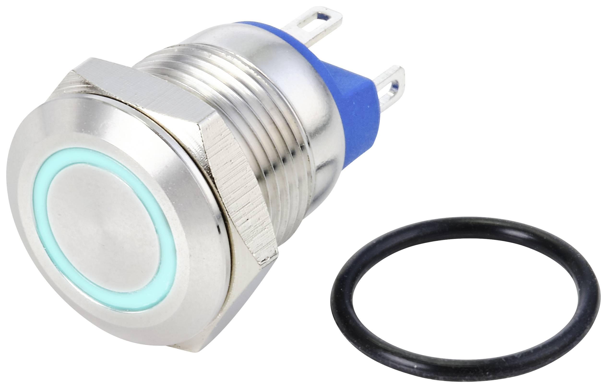 A round, silver push button with a green illuminated ring, alongside a black O-ring for sealing. Suitable for electrical applications.